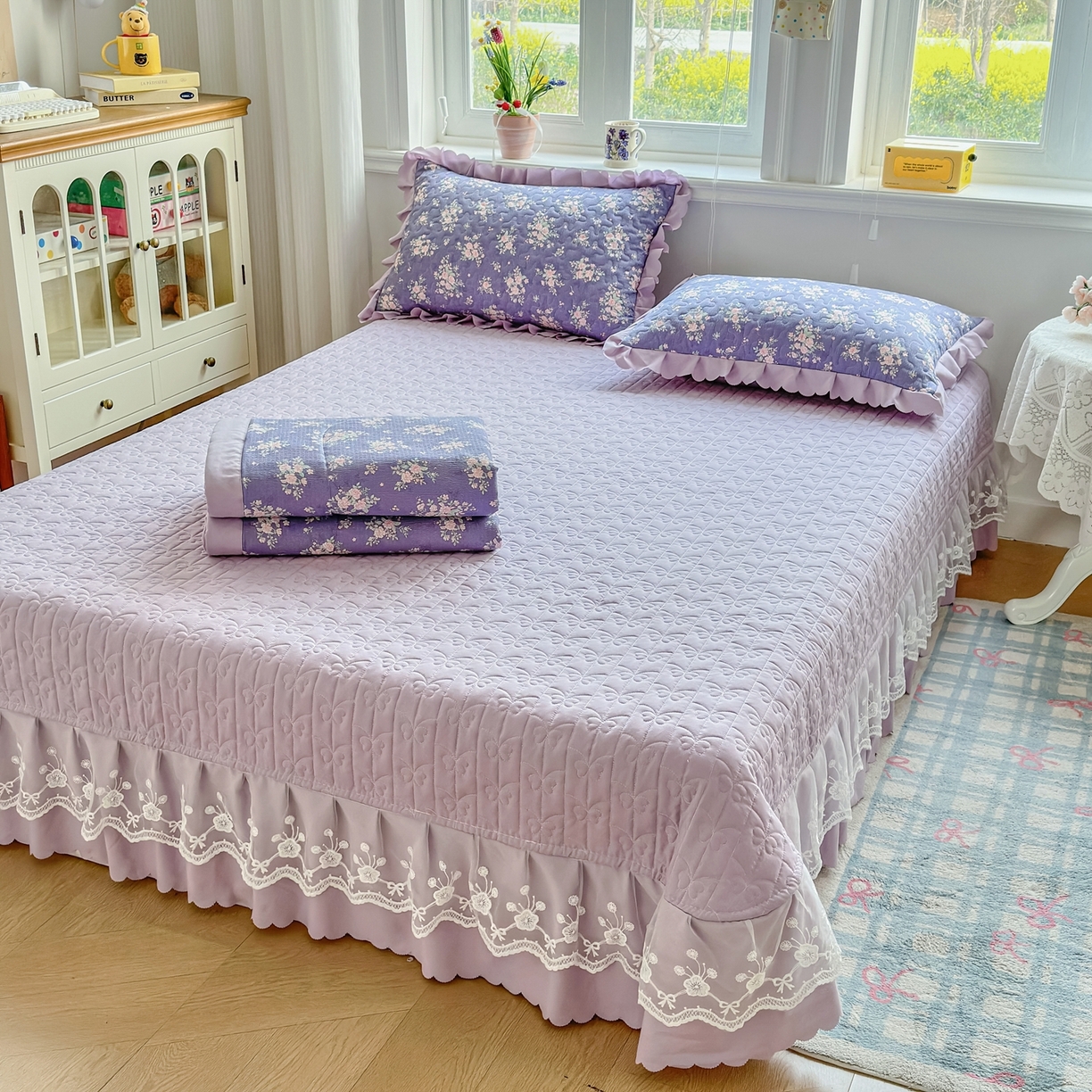 91家纺网 家纺一手货源 找家纺 雅眠居 2026新款直播爆款古法仿棉双层蕾丝花边床盖四件套 AB版-豆蔻