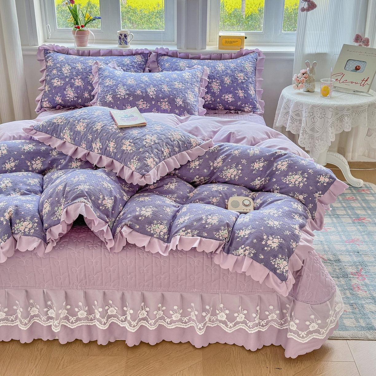 91家纺网 家纺一手货源 找家纺 雅眠居 2026新款直播爆款古法仿棉双层蕾丝花边床盖四件套 AB版-豆蔻