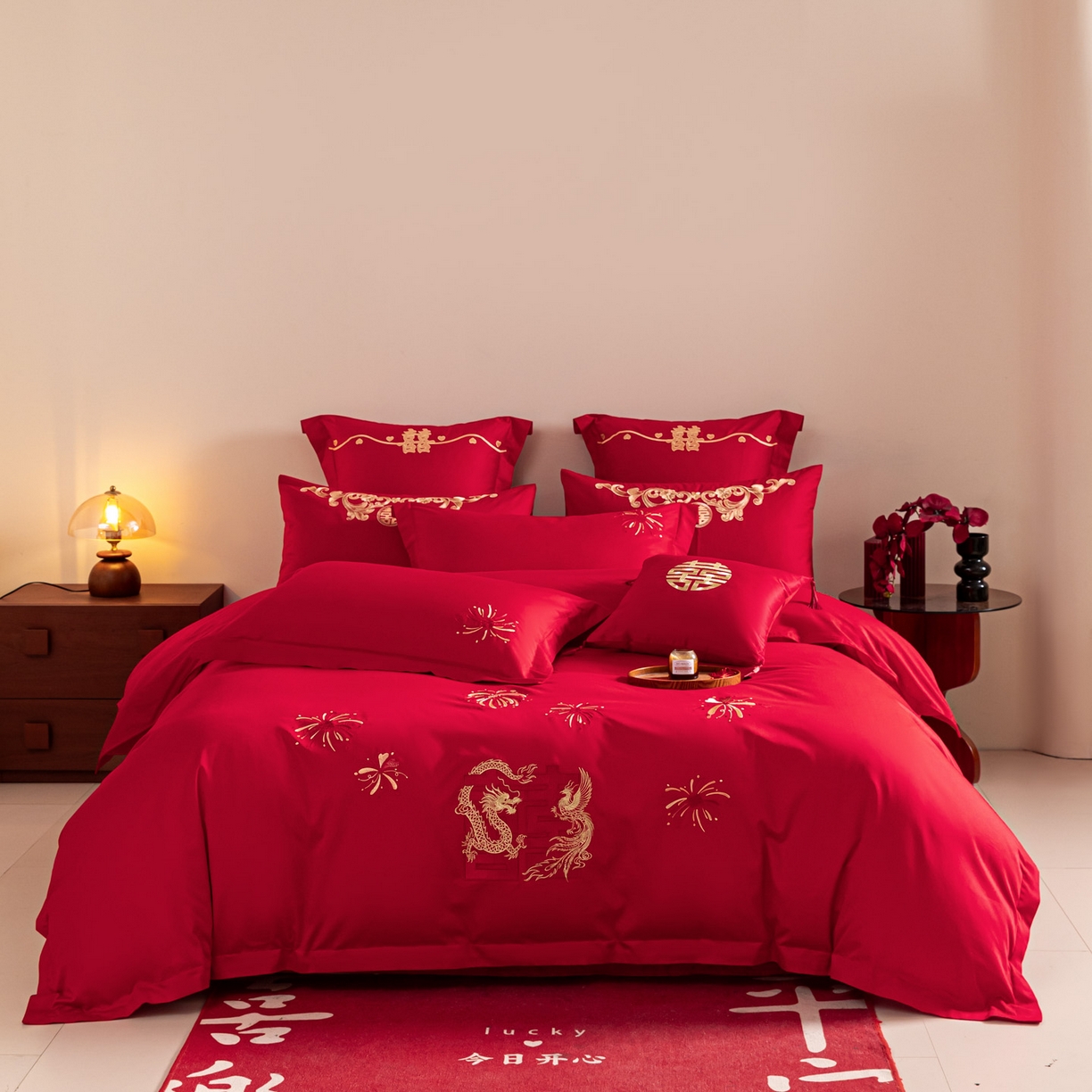 91家纺网 家纺一手货源 找家纺 东方合美（原：皇家传奇） 2026新款纯棉长绒棉刺绣婚庆四件套-龙凤系列 龙凤来喜