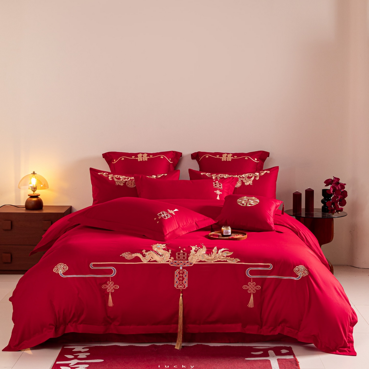 91家纺网 家纺一手货源 找家纺 东方合美（原：皇家传奇） 2026新款纯棉长绒棉刺绣婚庆四件套-龙凤系列 龙凤百合