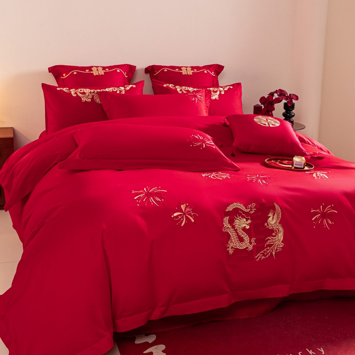 91家纺网 家纺一手货源 找家纺 东方合美（原：皇家传奇） 2026新款纯棉长绒棉刺绣婚庆四件套-龙凤系列 龙凤来喜