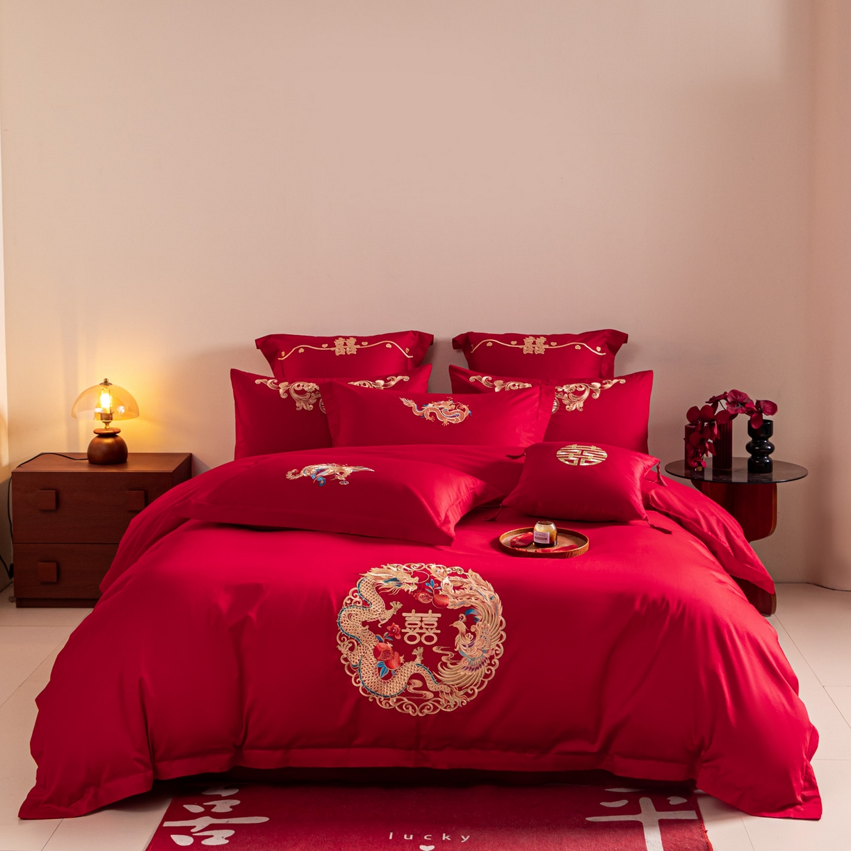 91家纺网 家纺一手货源 找家纺 东方合美（原：皇家传奇） 2026新款纯棉长绒棉刺绣婚庆四件套-龙凤系列 龙凤圆满