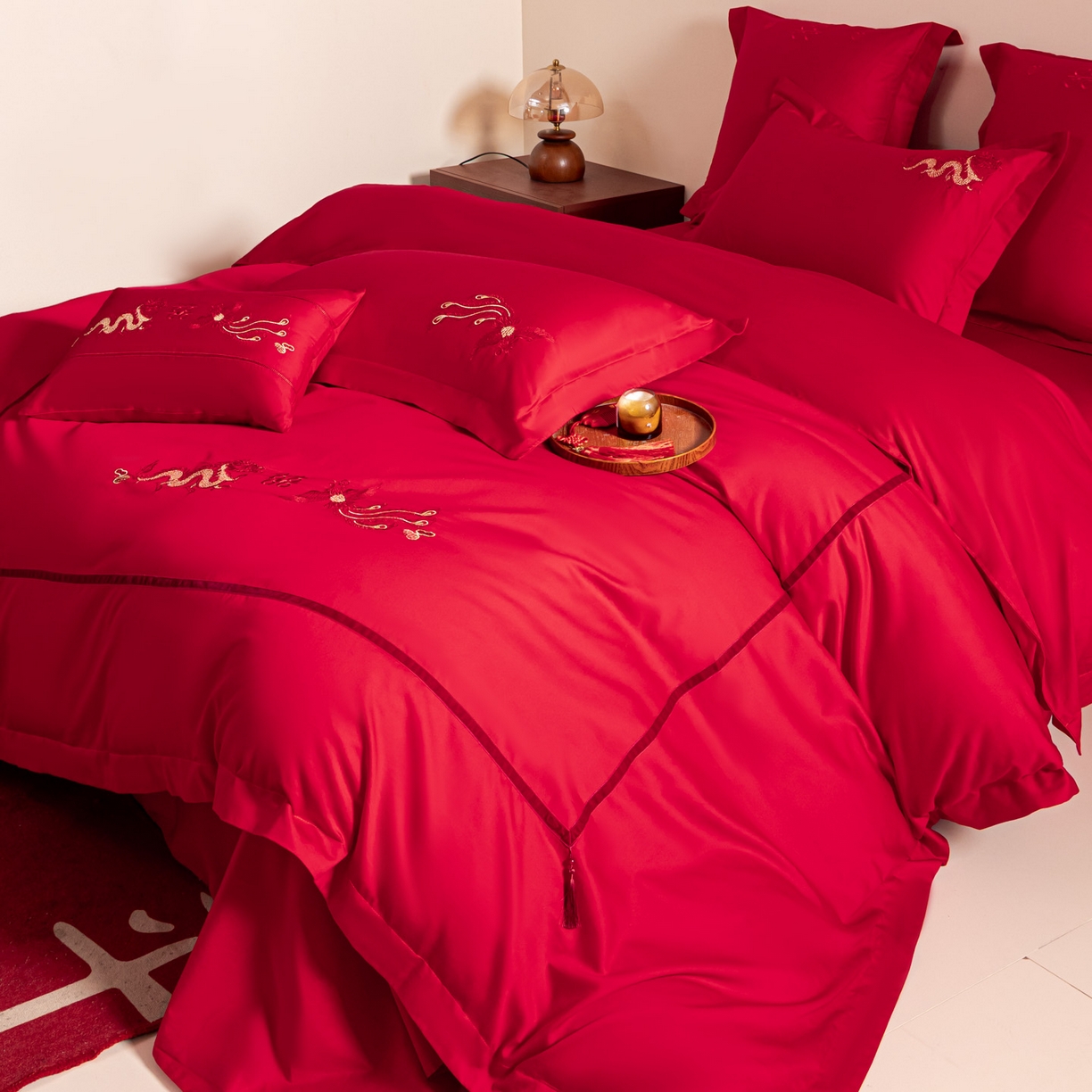 91家纺网 家纺一手货源 找家纺 东方合美（原：皇家传奇） 2026新款纯棉长绒棉刺绣婚庆四件套-龙凤系列 龙凤连理