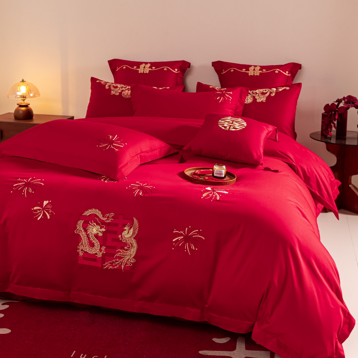 东方合美（原：皇家传奇） 2026新款纯棉长绒棉刺绣婚庆四件套-龙凤系列 龙凤来喜