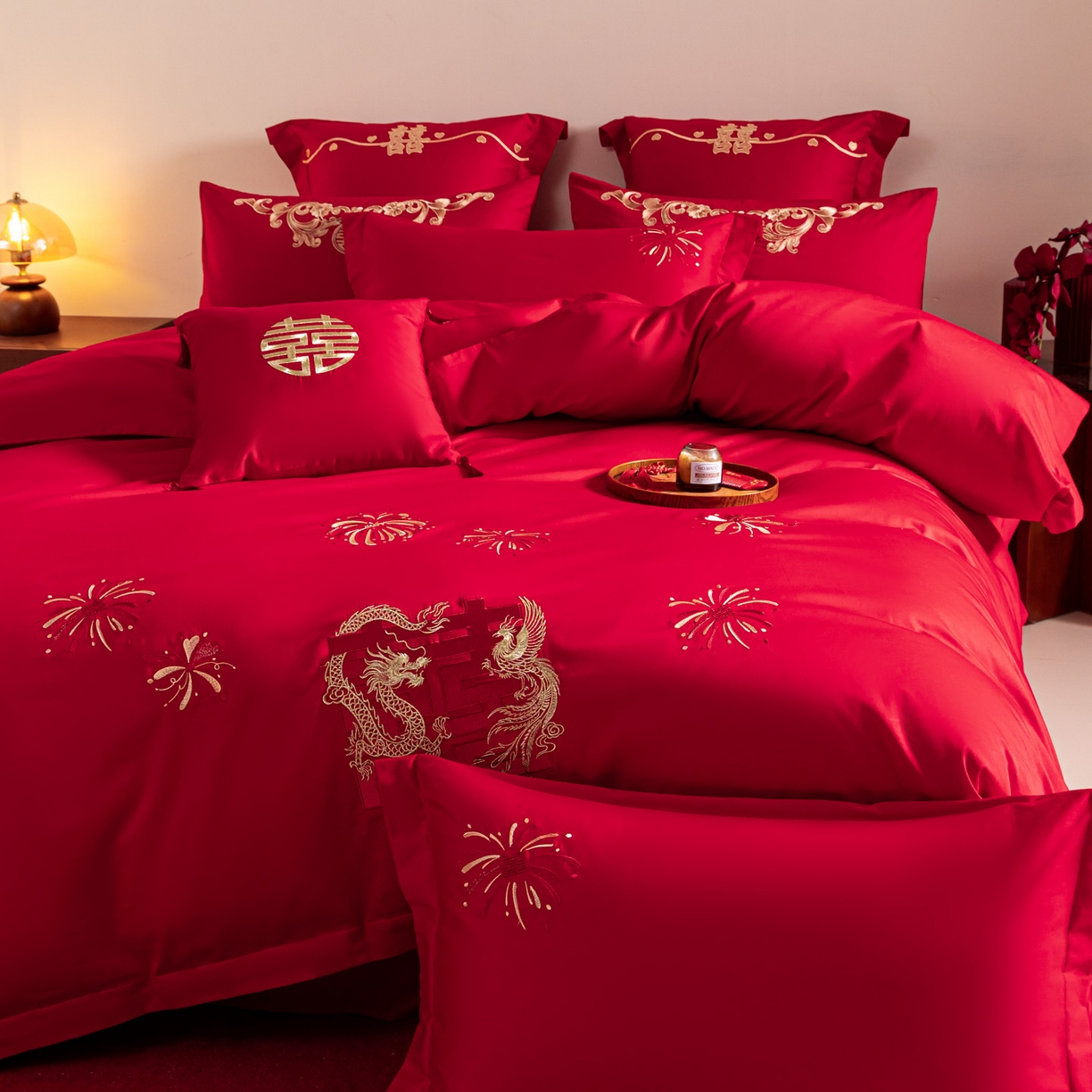 91家纺网 家纺一手货源 找家纺 东方合美（原：皇家传奇） 2026新款纯棉长绒棉刺绣婚庆四件套-龙凤系列 龙凤来喜