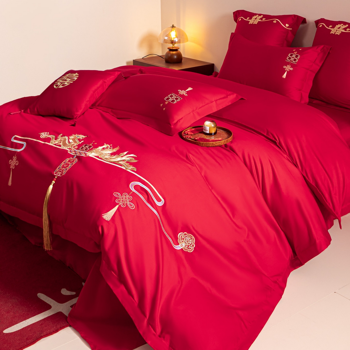 91家纺网 家纺一手货源 找家纺 东方合美（原：皇家传奇） 2026新款纯棉长绒棉刺绣婚庆四件套-龙凤系列 龙凤百合