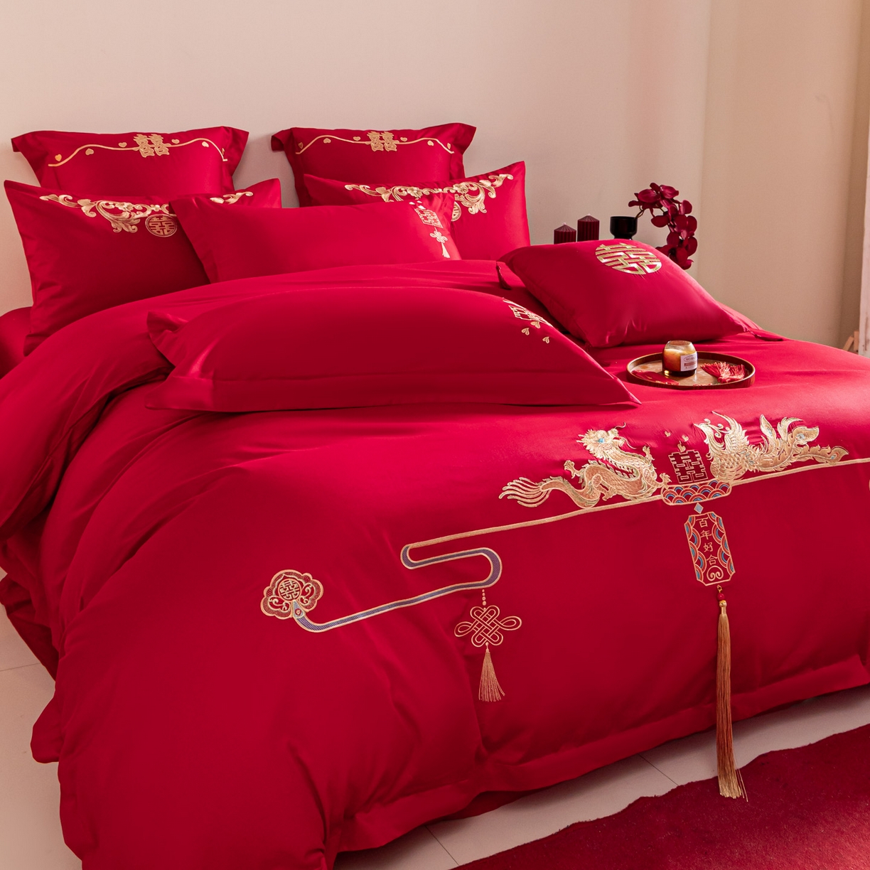 91家纺网 家纺一手货源 找家纺 东方合美（原：皇家传奇） 2026新款纯棉长绒棉刺绣婚庆四件套-龙凤系列 龙凤百合