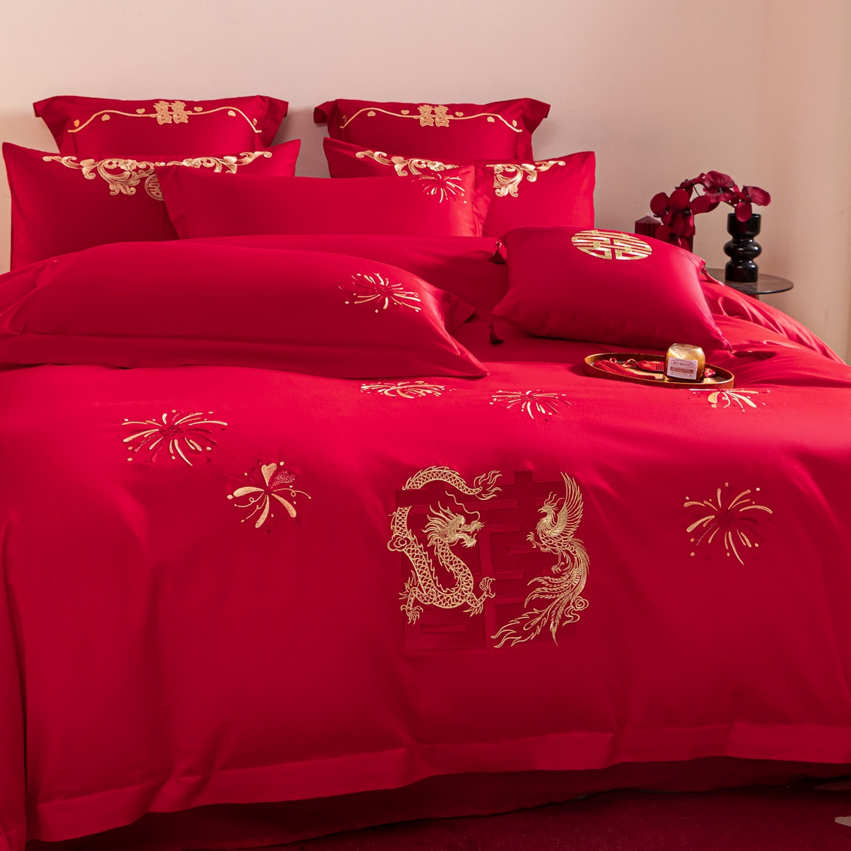 91家纺网 家纺一手货源 找家纺 东方合美（原：皇家传奇） 2026新款纯棉长绒棉刺绣婚庆四件套-龙凤系列 龙凤来喜