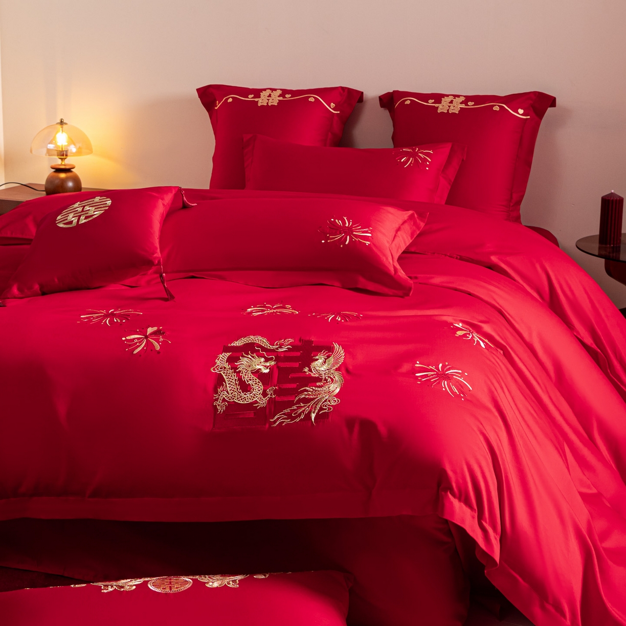 91家纺网 家纺一手货源 找家纺 东方合美（原：皇家传奇） 2026新款纯棉长绒棉刺绣婚庆四件套-龙凤系列 龙凤来喜