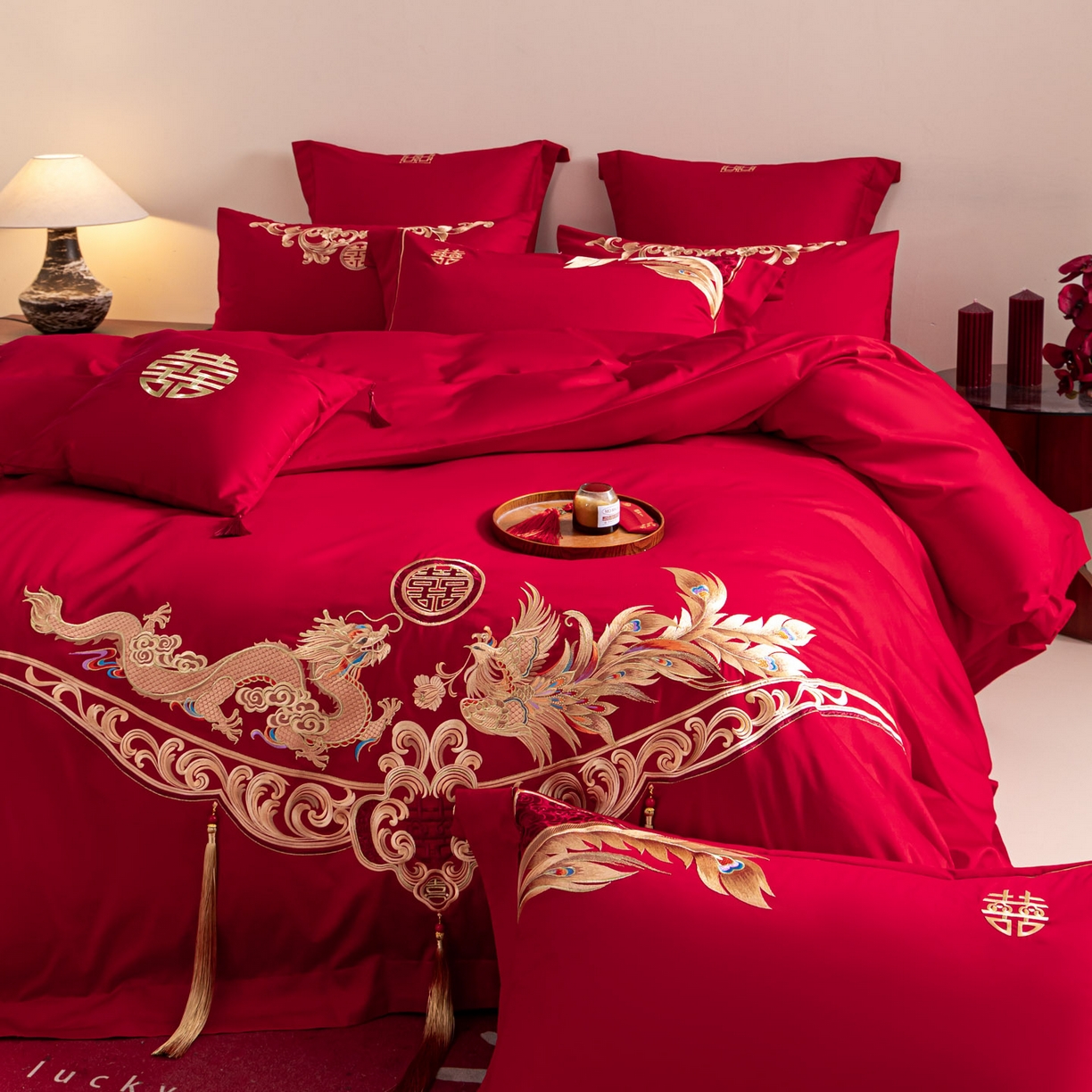 91家纺网 家纺一手货源 找家纺 东方合美（原：皇家传奇） 2026新款纯棉长绒棉刺绣婚庆四件套-龙凤系列 龙凤有囍