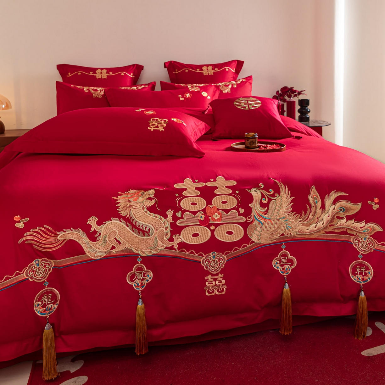91家纺网 家纺一手货源 找家纺 东方合美（原：皇家传奇） 2026新款纯棉长绒棉刺绣婚庆四件套-龙凤系列 龙凤报喜