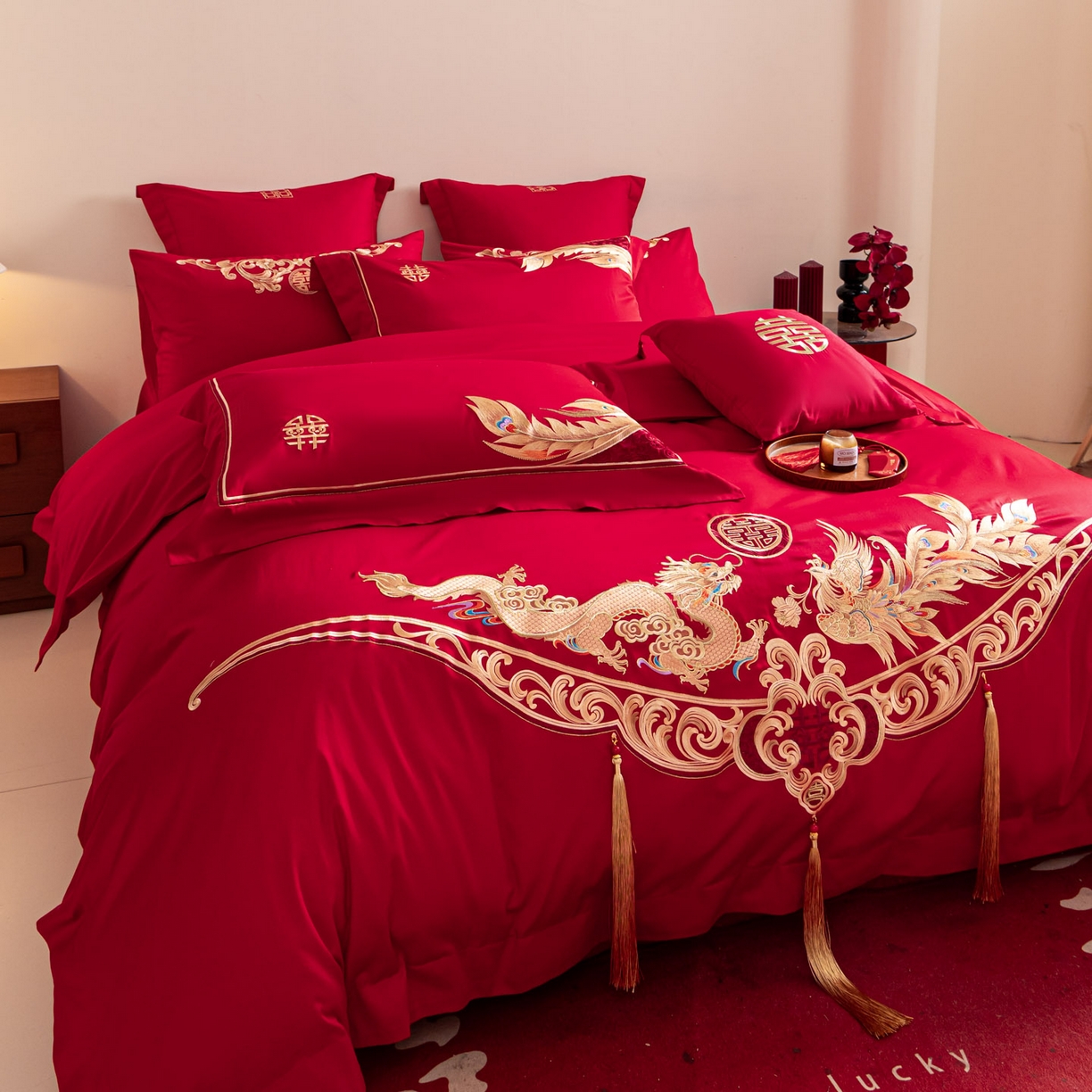 91家纺网 家纺一手货源 找家纺 东方合美（原：皇家传奇） 2026新款纯棉长绒棉刺绣婚庆四件套-龙凤系列 龙凤有囍