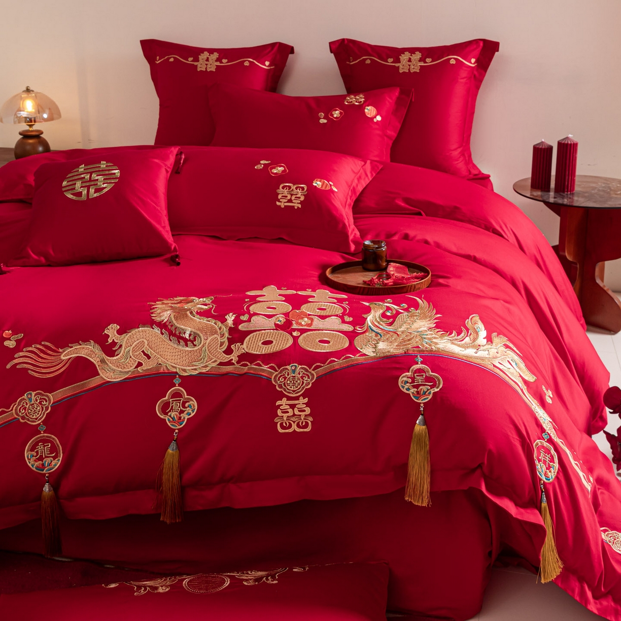 91家纺网 家纺一手货源 找家纺 东方合美（原：皇家传奇） 2026新款纯棉长绒棉刺绣婚庆四件套-龙凤系列 龙凤报喜