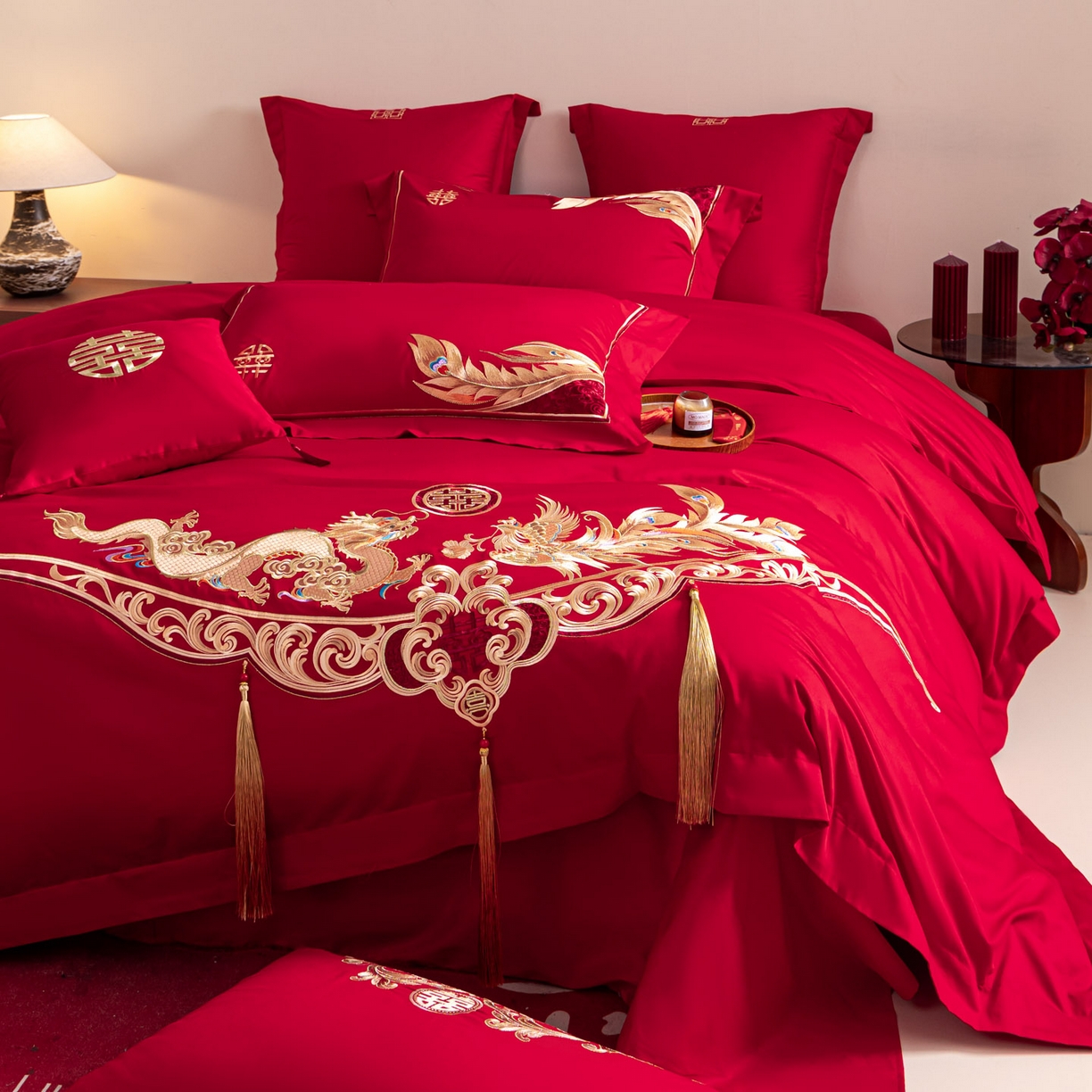 91家纺网 家纺一手货源 找家纺 东方合美（原：皇家传奇） 2026新款纯棉长绒棉刺绣婚庆四件套-龙凤系列 龙凤有囍
