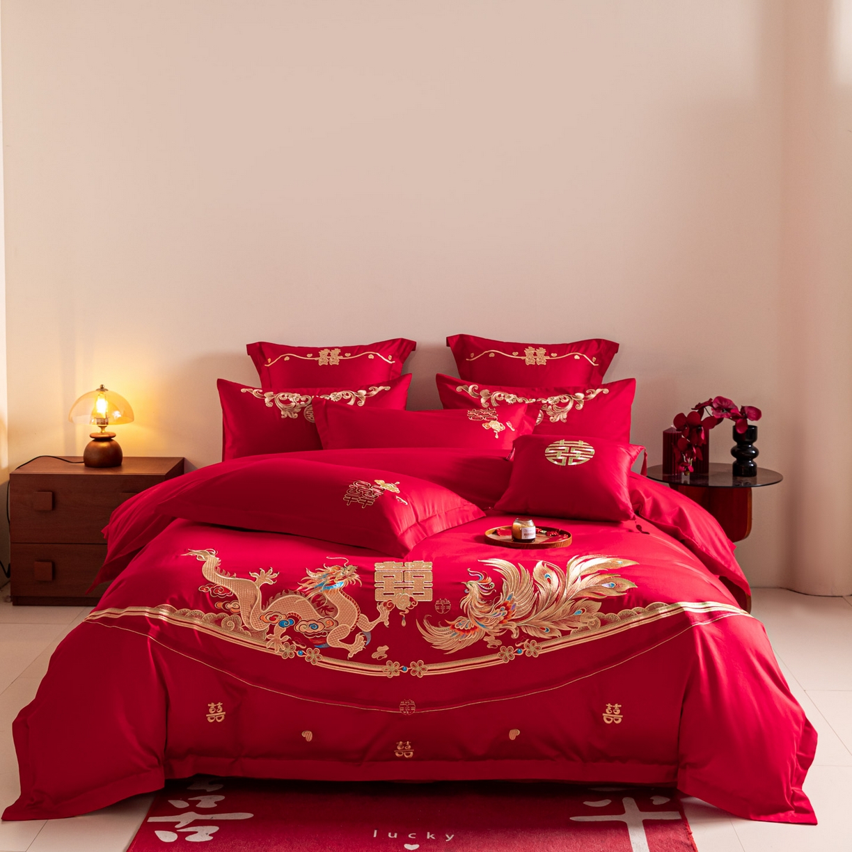 91家纺网 家纺一手货源 找家纺 东方合美（原：皇家传奇） 2026新款纯棉长绒棉刺绣婚庆四件套-龙凤系列 龙凤爱恋