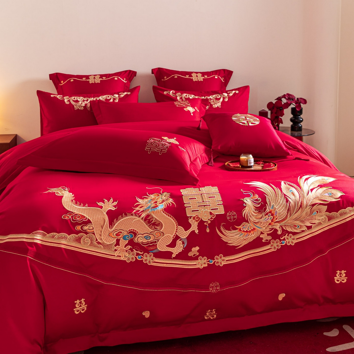 91家纺网 家纺一手货源 找家纺 东方合美（原：皇家传奇） 2026新款纯棉长绒棉刺绣婚庆四件套-龙凤系列 龙凤爱恋