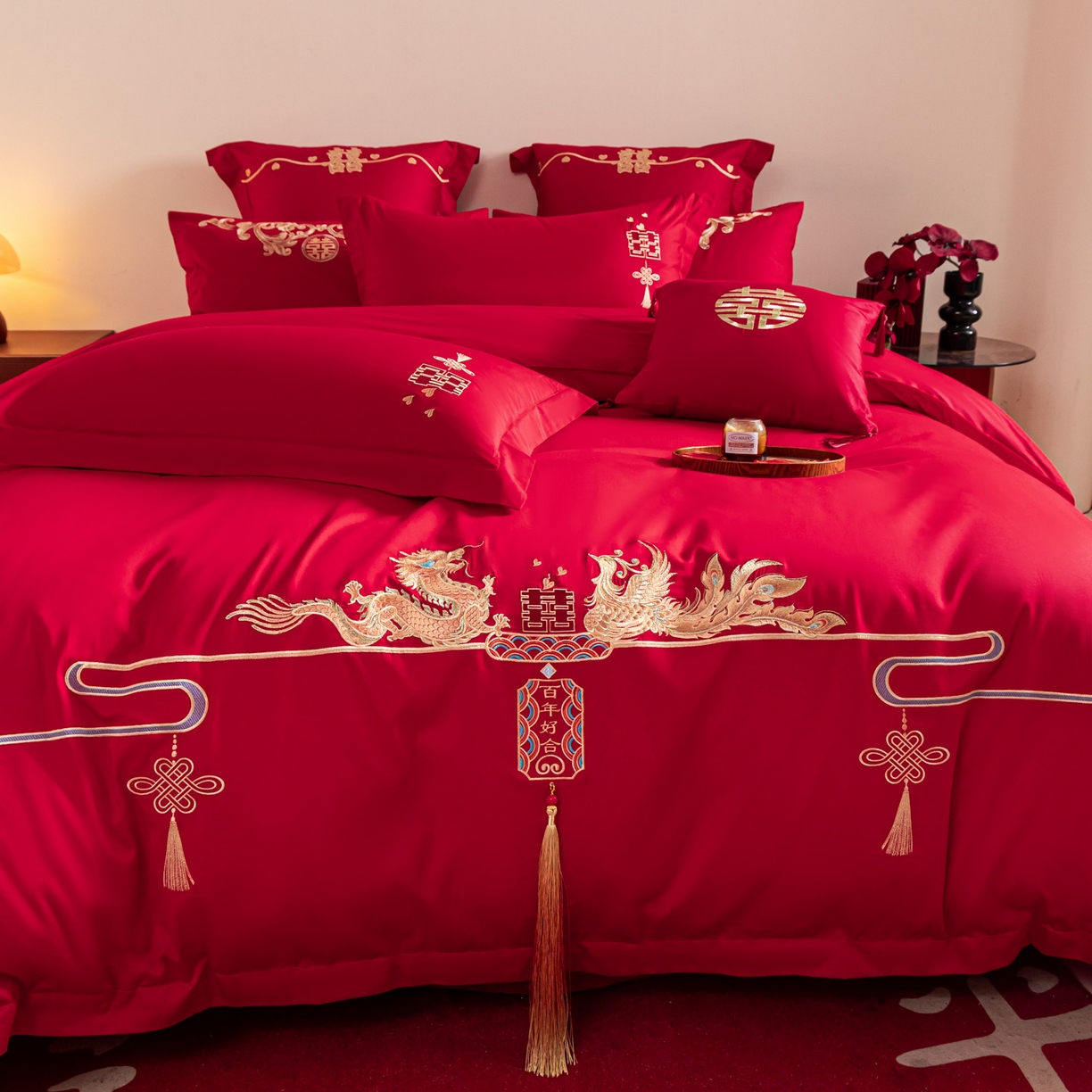 91家纺网 家纺一手货源 找家纺 东方合美（原：皇家传奇） 2026新款纯棉长绒棉刺绣婚庆四件套-龙凤系列 龙凤百合