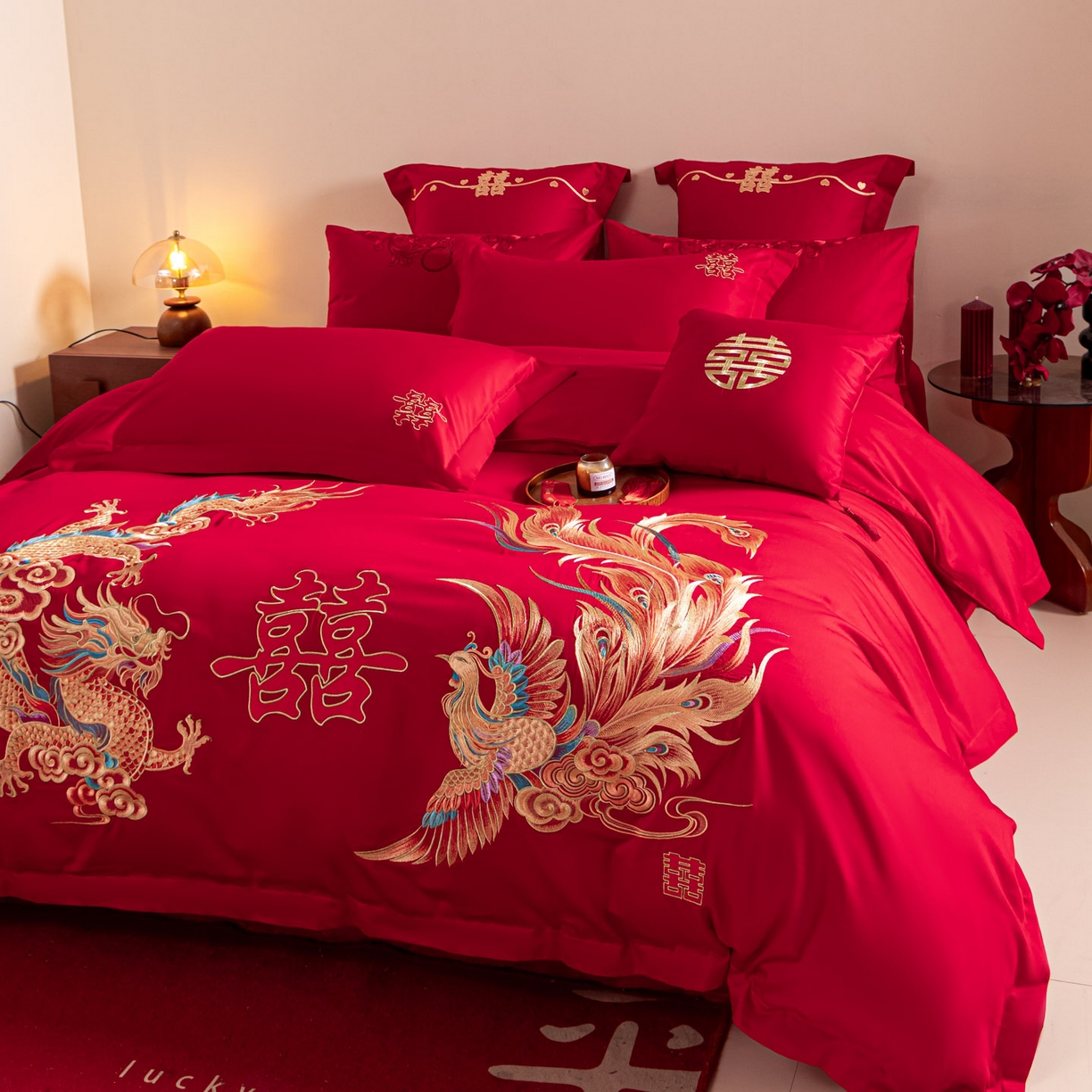 91家纺网 家纺一手货源 找家纺 东方合美（原：皇家传奇） 2026新款纯棉长绒棉刺绣婚庆四件套-龙凤系列 龙凤华贵