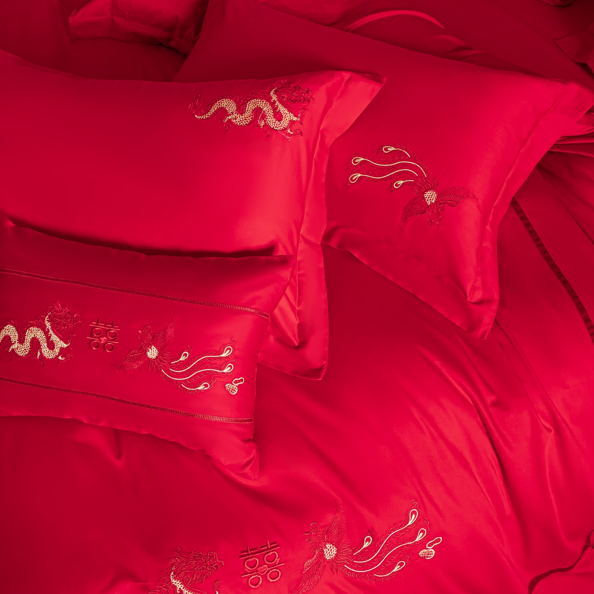 91家纺网 家纺一手货源 找家纺 东方合美（原：皇家传奇） 2026新款纯棉长绒棉刺绣婚庆四件套-龙凤系列 龙凤连理