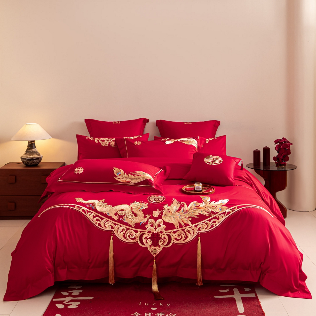 91家纺网 家纺一手货源 找家纺 东方合美（原：皇家传奇） 2026新款纯棉长绒棉刺绣婚庆四件套-龙凤系列 龙凤有囍