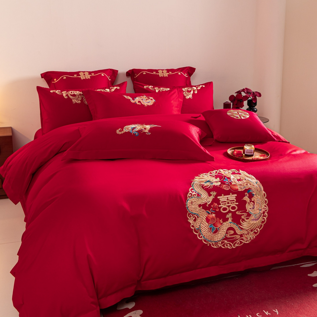 91家纺网 家纺一手货源 找家纺 东方合美（原：皇家传奇） 2026新款纯棉长绒棉刺绣婚庆四件套-龙凤系列 龙凤圆满