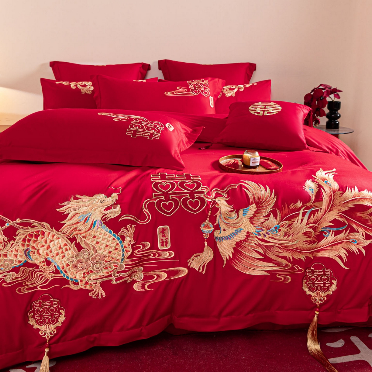 91家纺网 家纺一手货源 找家纺 东方合美（原：皇家传奇） 2026新款纯棉长绒棉刺绣婚庆四件套-龙凤系列 龙凤共舞