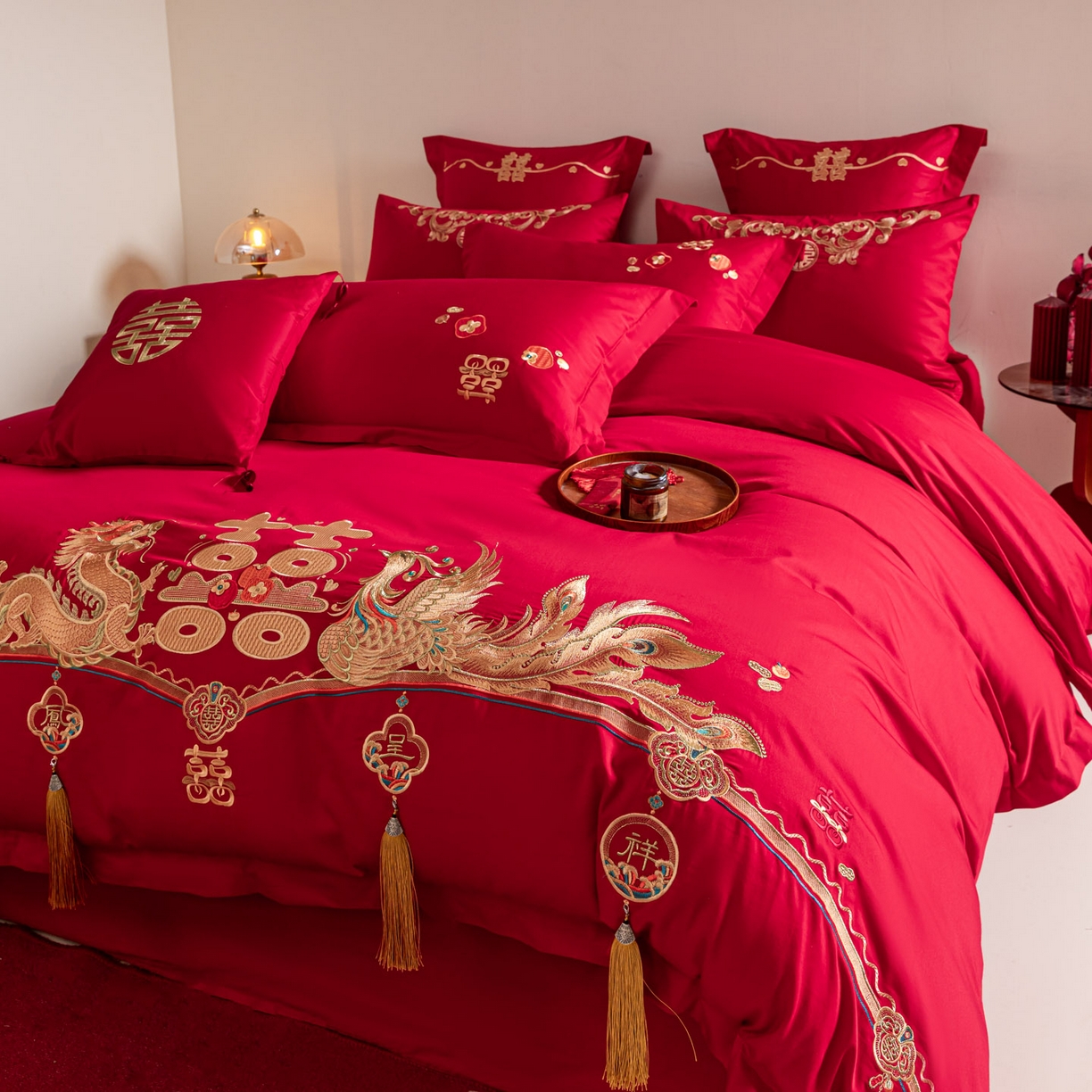 91家纺网 家纺一手货源 找家纺 东方合美（原：皇家传奇） 2026新款纯棉长绒棉刺绣婚庆四件套-龙凤系列 龙凤报喜