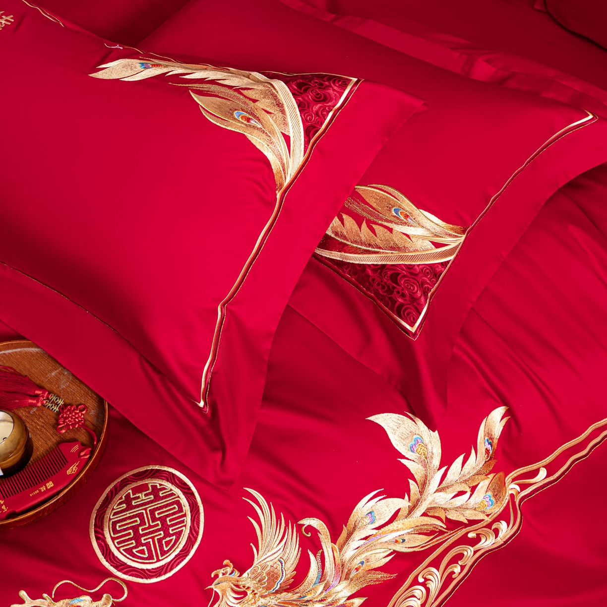 91家纺网 家纺一手货源 找家纺 东方合美（原：皇家传奇） 2026新款纯棉长绒棉刺绣婚庆四件套-龙凤系列 龙凤有囍