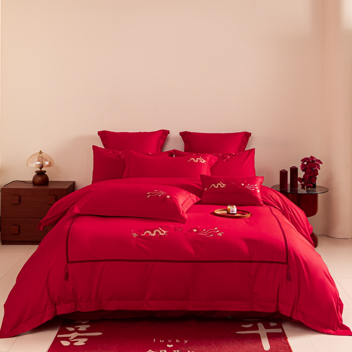 91家纺网 家纺一手货源 找家纺 东方合美（原：皇家传奇） 2026新款纯棉长绒棉刺绣婚庆四件套-龙凤系列 龙凤连理