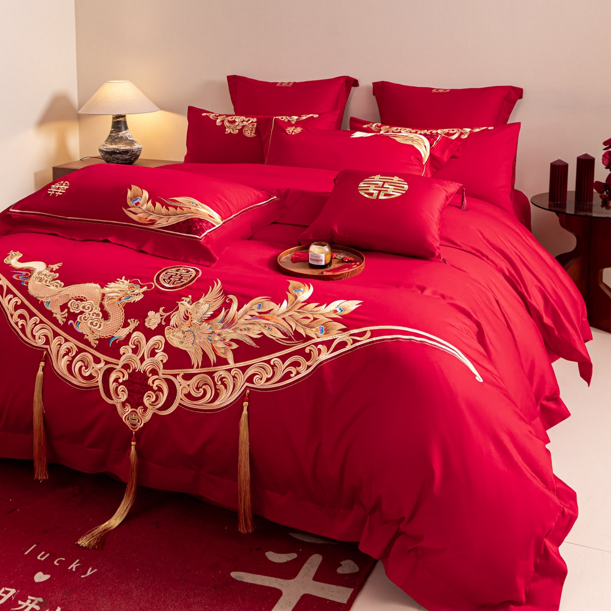 91家纺网 家纺一手货源 找家纺 东方合美（原：皇家传奇） 2026新款纯棉长绒棉刺绣婚庆四件套-龙凤系列 龙凤有囍