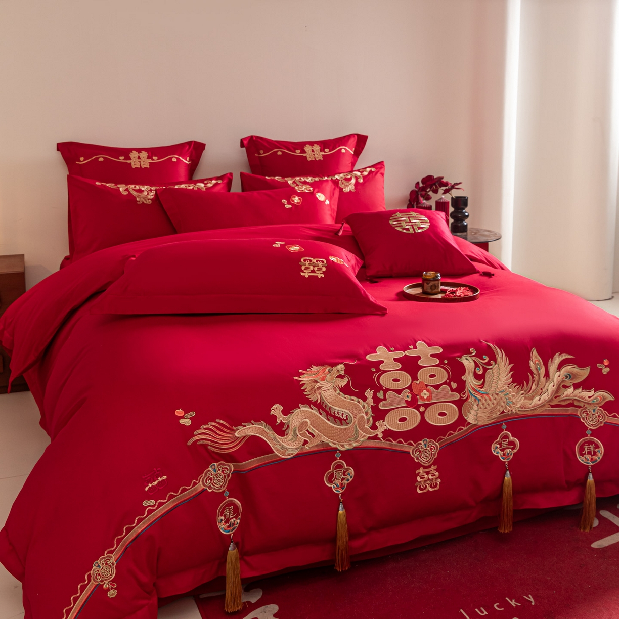 91家纺网 家纺一手货源 找家纺 东方合美（原：皇家传奇） 2026新款纯棉长绒棉刺绣婚庆四件套-龙凤系列 龙凤报喜