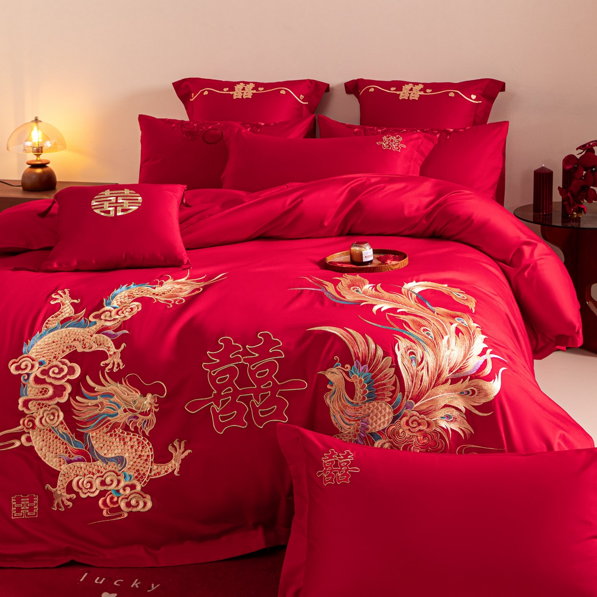 91家纺网 家纺一手货源 找家纺 东方合美（原：皇家传奇） 2026新款纯棉长绒棉刺绣婚庆四件套-龙凤系列 龙凤华贵