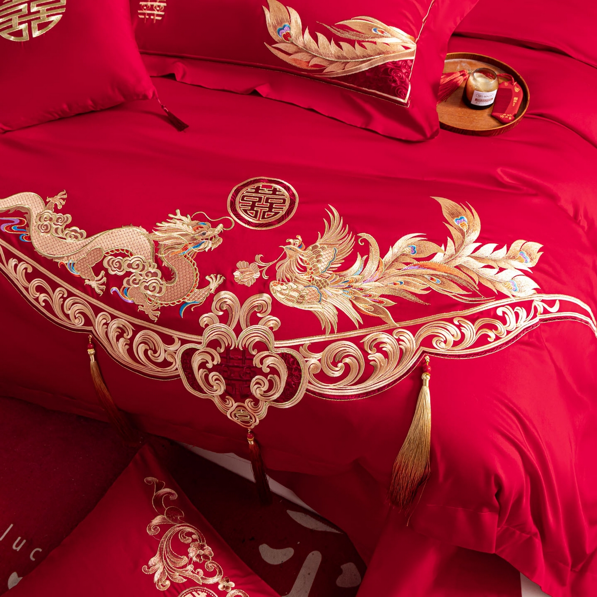 91家纺网 家纺一手货源 找家纺 东方合美（原：皇家传奇） 2026新款纯棉长绒棉刺绣婚庆四件套-龙凤系列 龙凤有囍
