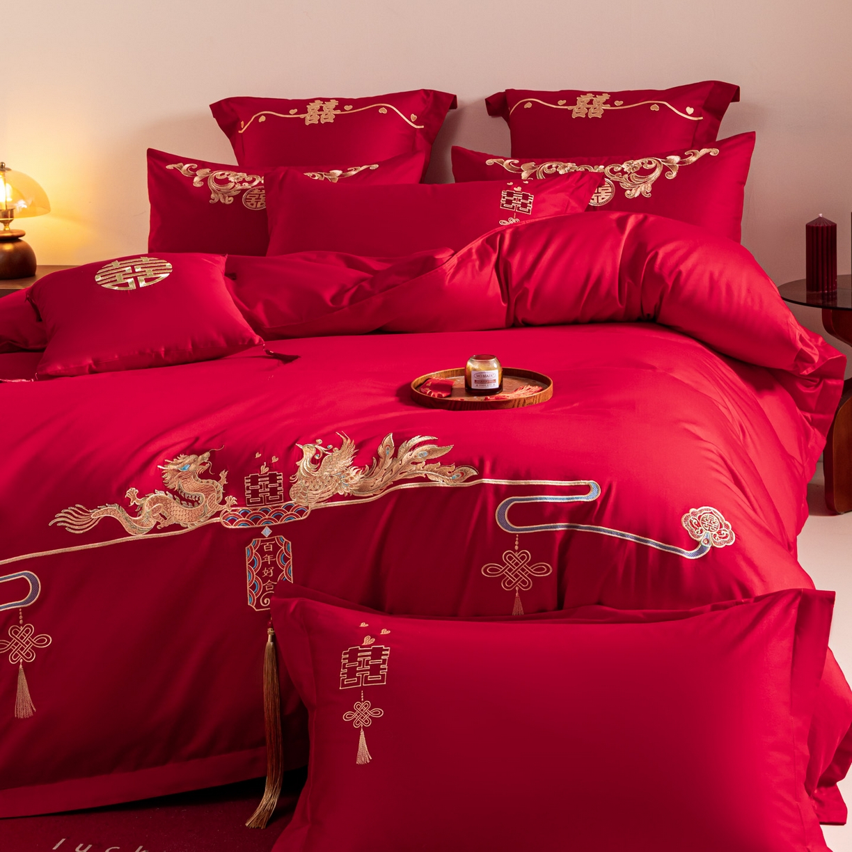 91家纺网 家纺一手货源 找家纺 东方合美（原：皇家传奇） 2026新款纯棉长绒棉刺绣婚庆四件套-龙凤系列 龙凤百合