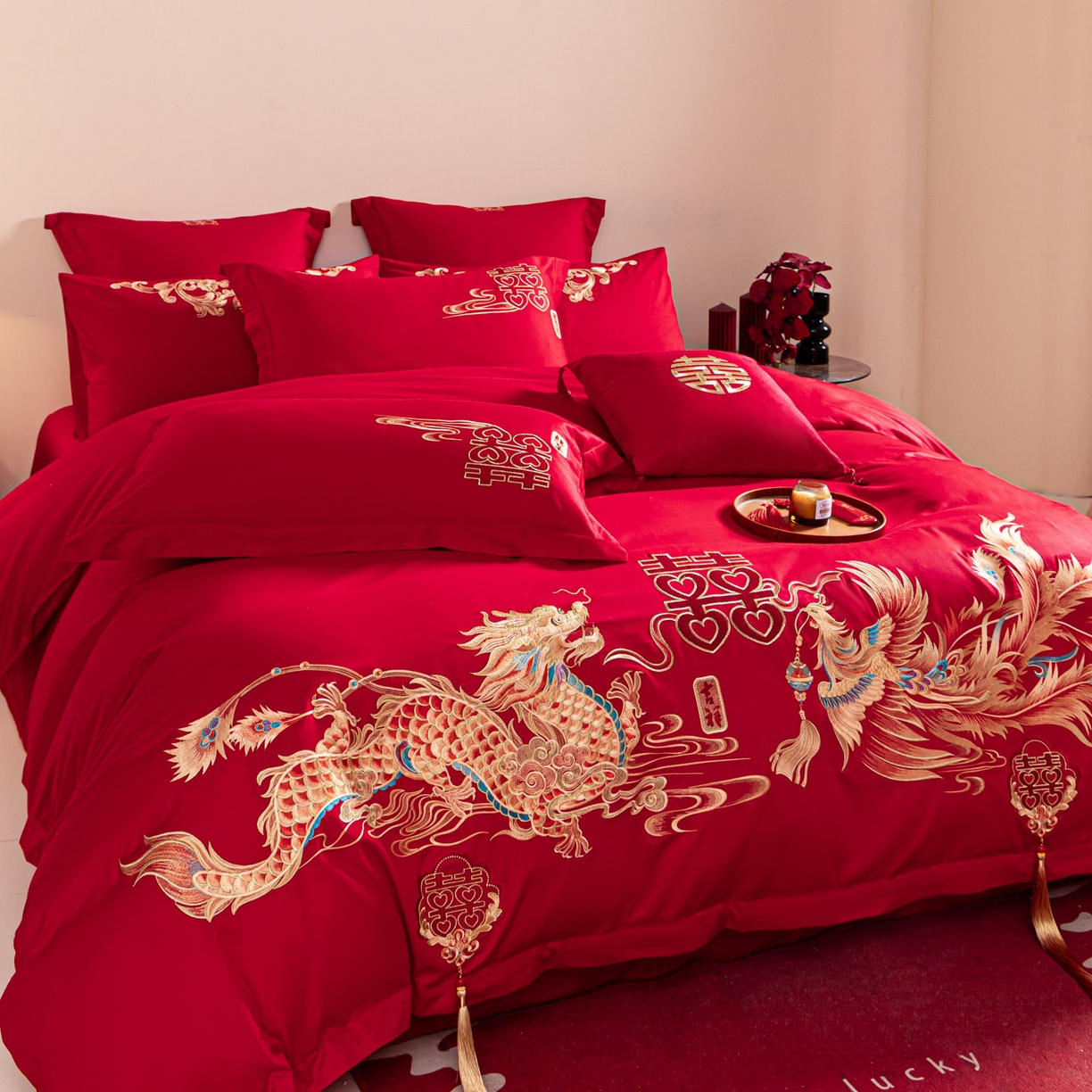 91家纺网 家纺一手货源 找家纺 东方合美（原：皇家传奇） 2026新款纯棉长绒棉刺绣婚庆四件套-龙凤系列 龙凤共舞