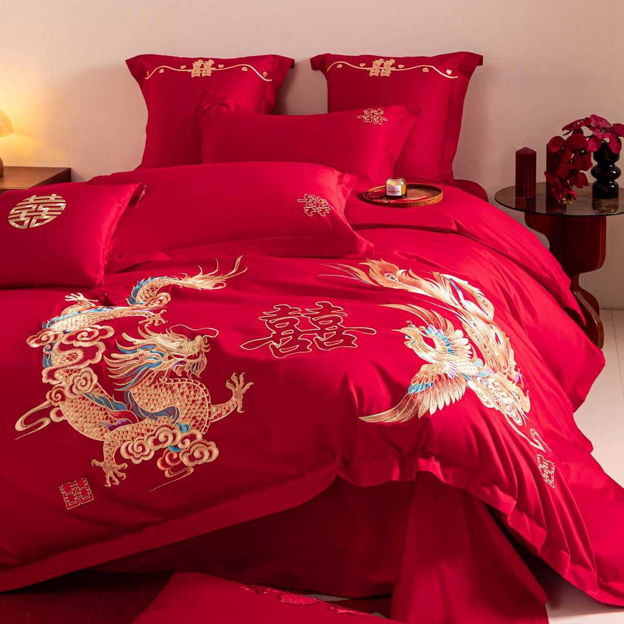 91家纺网 家纺一手货源 找家纺 东方合美（原：皇家传奇） 2026新款纯棉长绒棉刺绣婚庆四件套-龙凤系列 龙凤华贵