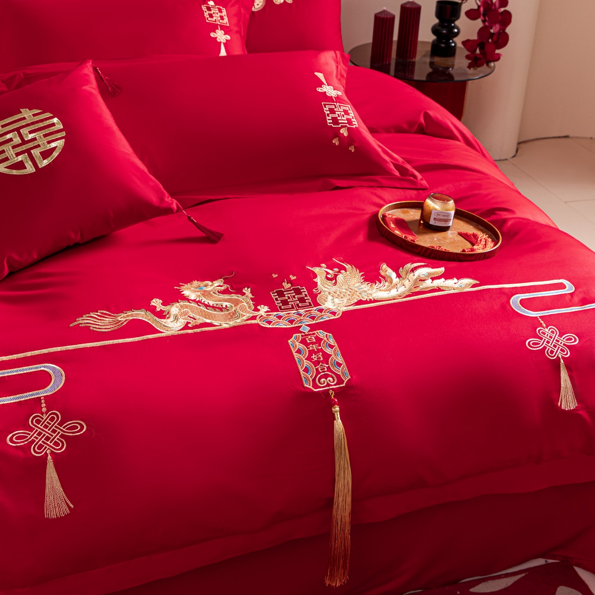 91家纺网 家纺一手货源 找家纺 东方合美（原：皇家传奇） 2026新款纯棉长绒棉刺绣婚庆四件套-龙凤系列 龙凤百合