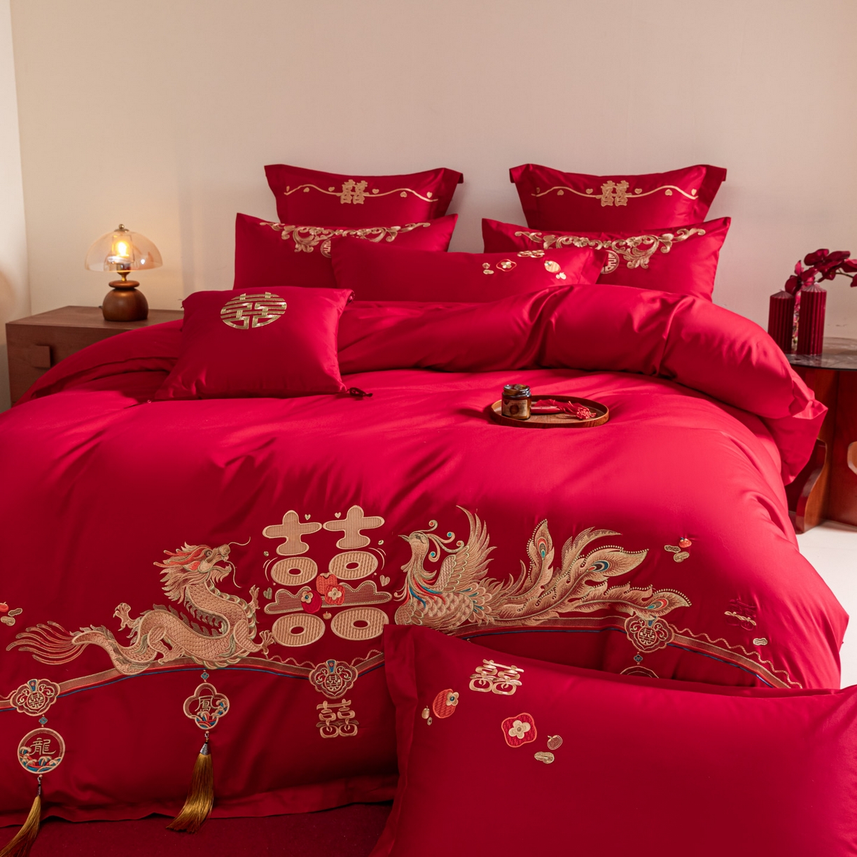 91家纺网 家纺一手货源 找家纺 东方合美（原：皇家传奇） 2026新款纯棉长绒棉刺绣婚庆四件套-龙凤系列 龙凤报喜