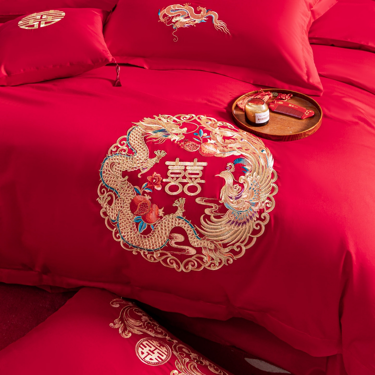 91家纺网 家纺一手货源 找家纺 东方合美（原：皇家传奇） 2026新款纯棉长绒棉刺绣婚庆四件套-龙凤系列 龙凤圆满