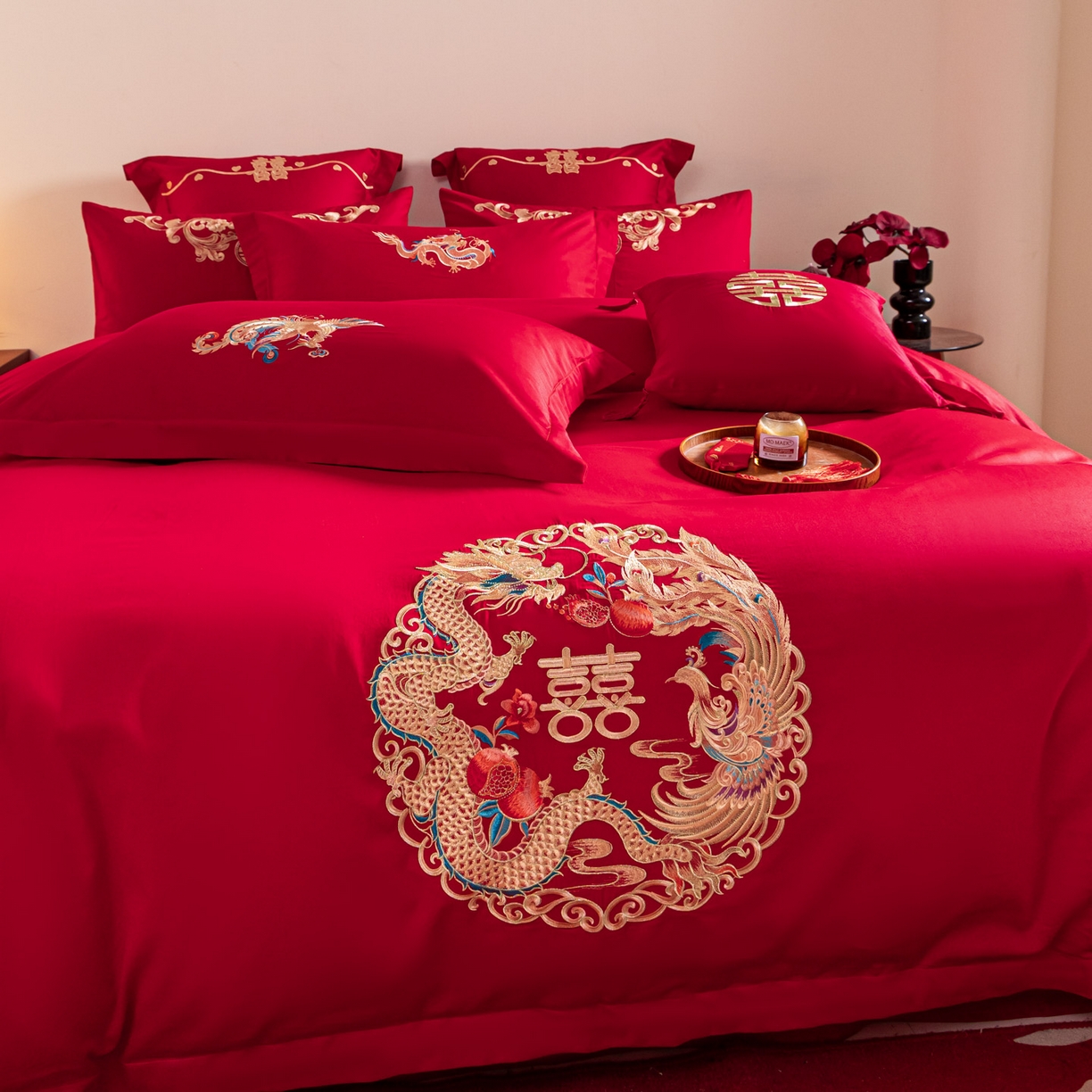 91家纺网 家纺一手货源 找家纺 东方合美（原：皇家传奇） 2026新款纯棉长绒棉刺绣婚庆四件套-龙凤系列 龙凤圆满