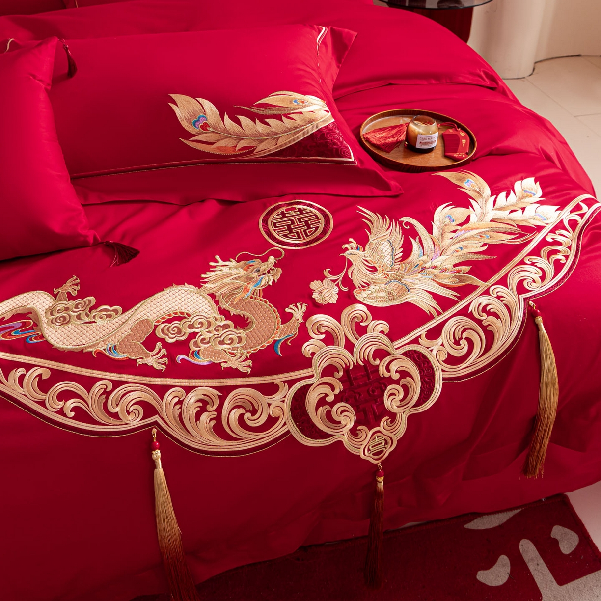 91家纺网 家纺一手货源 找家纺 东方合美（原：皇家传奇） 2026新款纯棉长绒棉刺绣婚庆四件套-龙凤系列 龙凤有囍