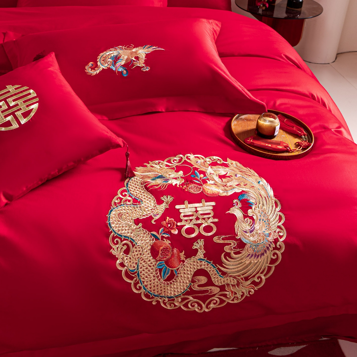 91家纺网 家纺一手货源 找家纺 东方合美（原：皇家传奇） 2026新款纯棉长绒棉刺绣婚庆四件套-龙凤系列 龙凤圆满