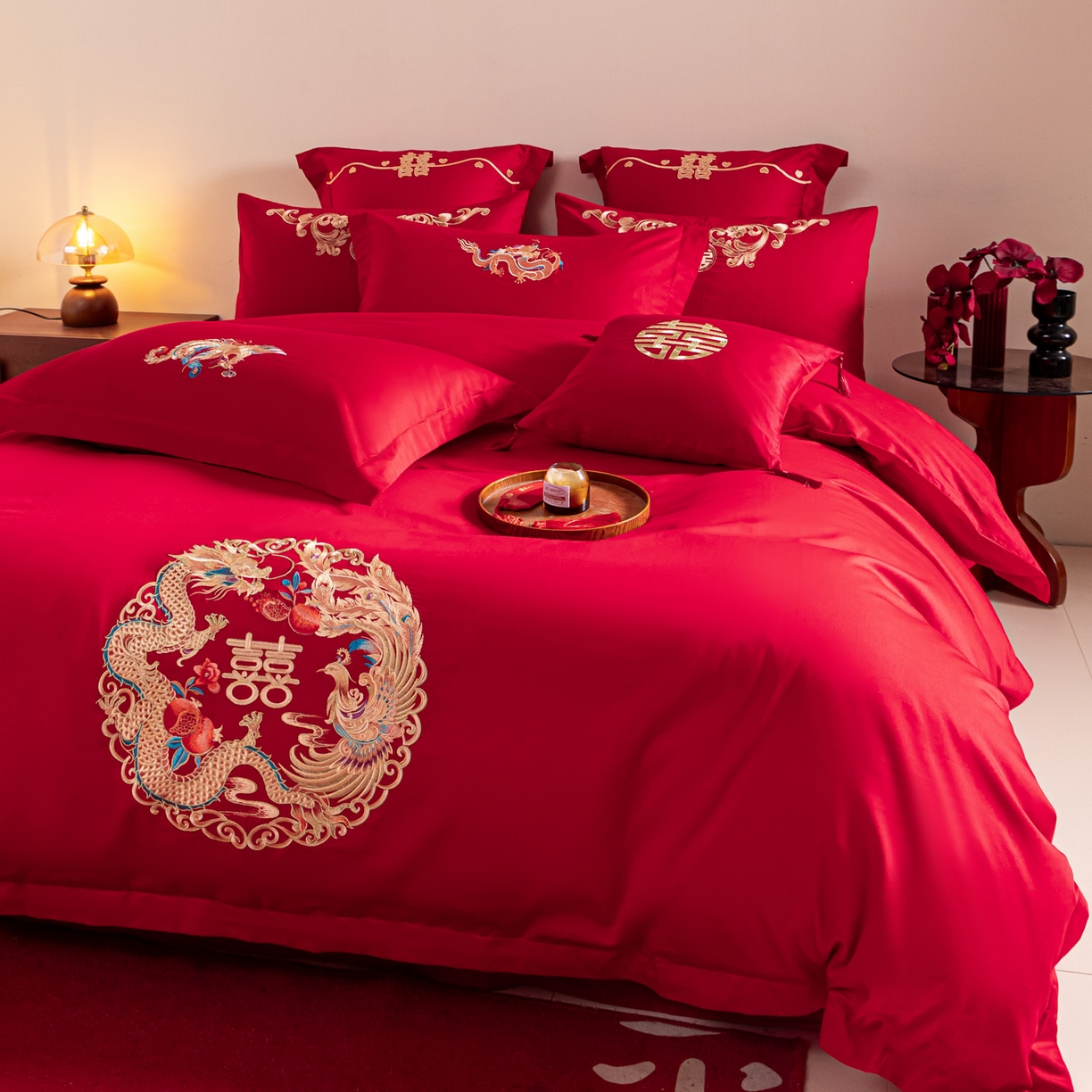 东方合美（原：皇家传奇） 2026新款纯棉长绒棉刺绣婚庆四件套-龙凤系列 龙凤圆满