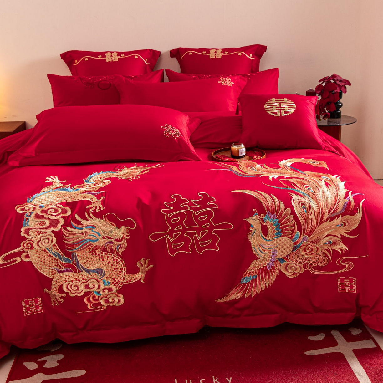 91家纺网 家纺一手货源 找家纺 东方合美（原：皇家传奇） 2026新款纯棉长绒棉刺绣婚庆四件套-龙凤系列 龙凤华贵