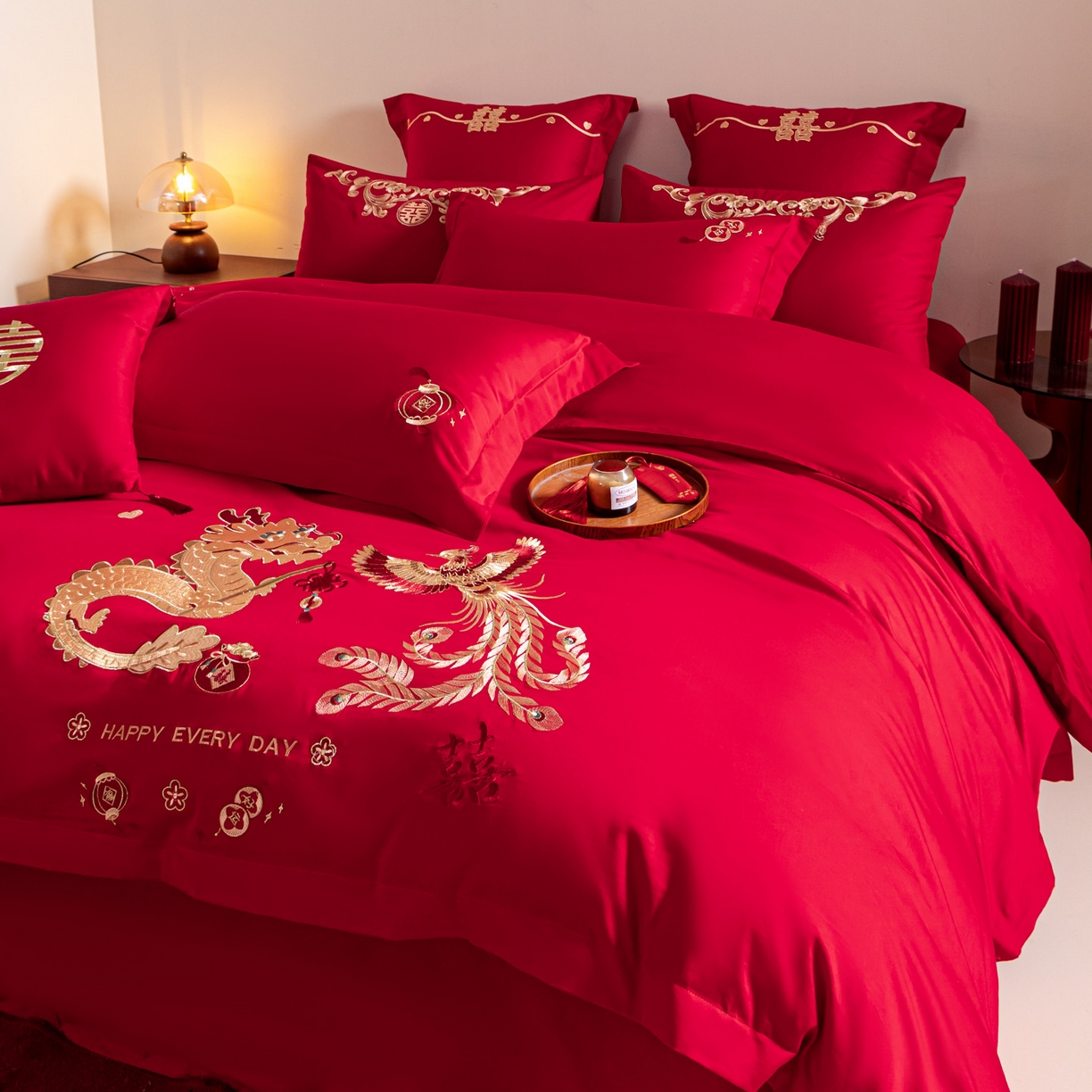 东方合美（原：皇家传奇） 2026新款纯棉长绒棉刺绣婚庆四件套-龙凤系列 张灯结彩