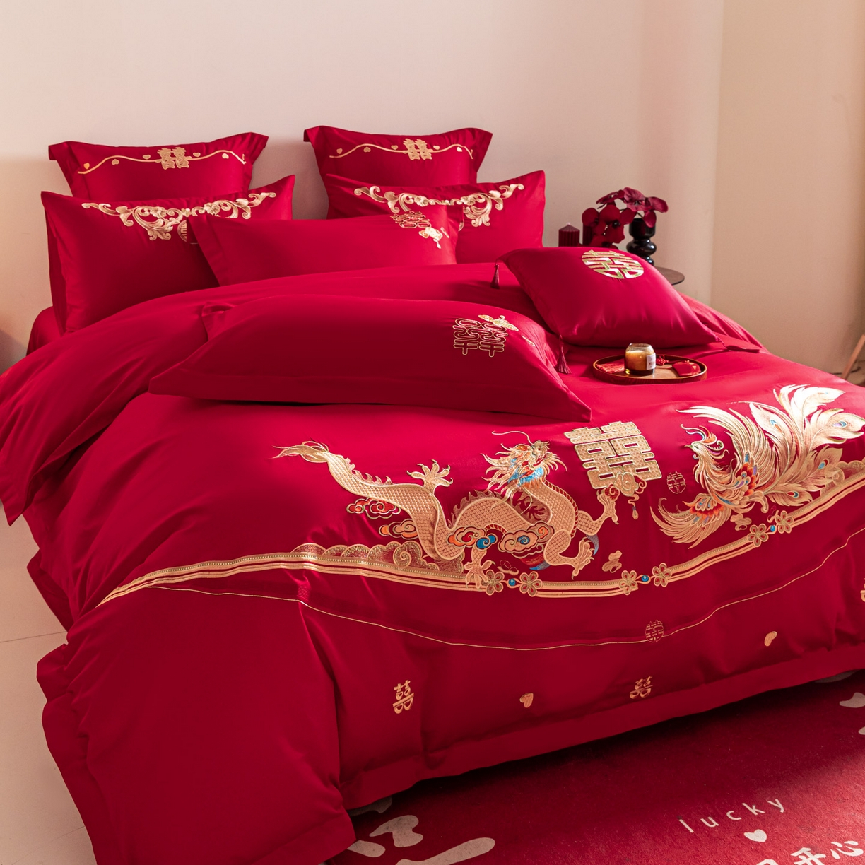 91家纺网 家纺一手货源 找家纺 东方合美（原：皇家传奇） 2026新款纯棉长绒棉刺绣婚庆四件套-龙凤系列 龙凤爱恋