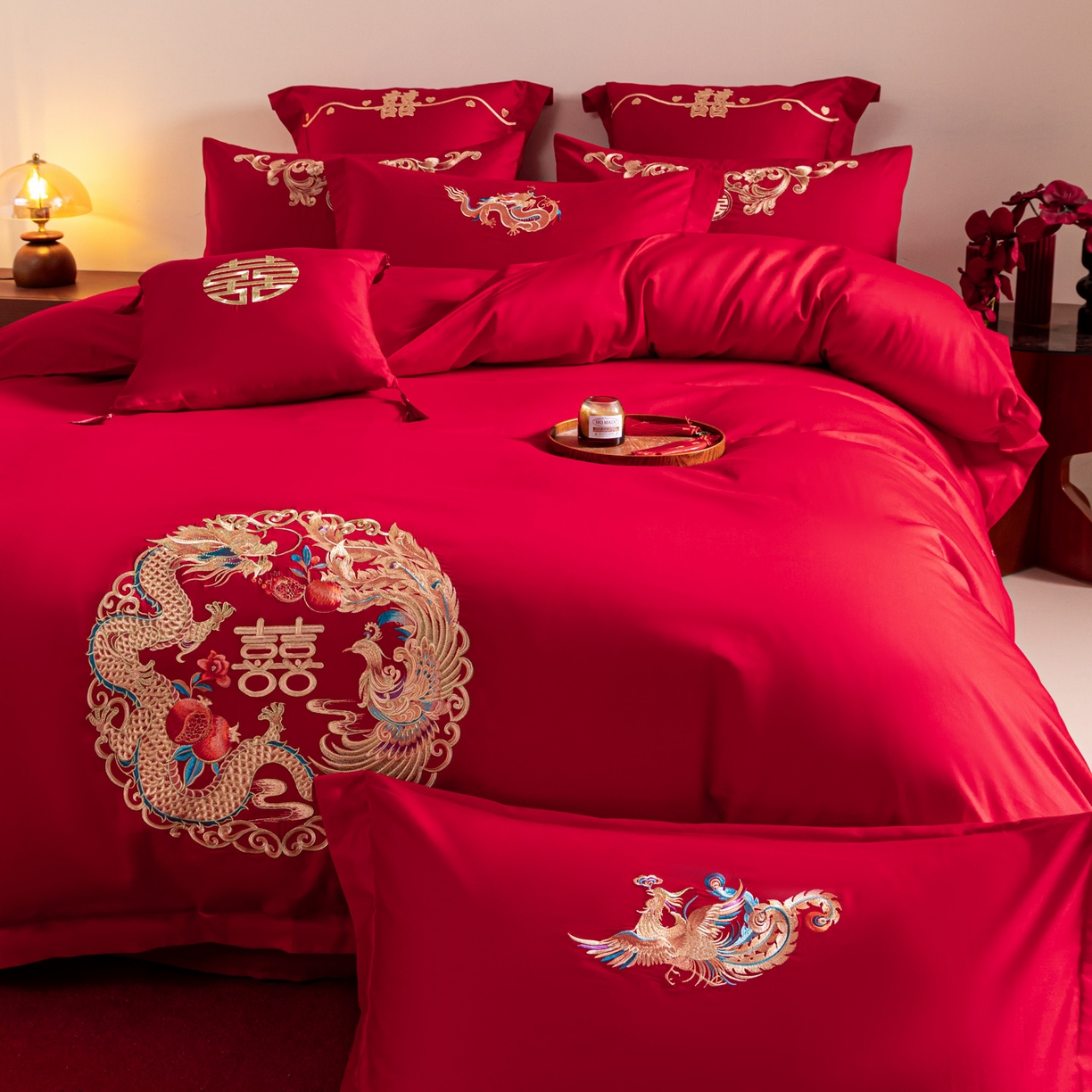91家纺网 家纺一手货源 找家纺 东方合美（原：皇家传奇） 2026新款纯棉长绒棉刺绣婚庆四件套-龙凤系列 龙凤圆满