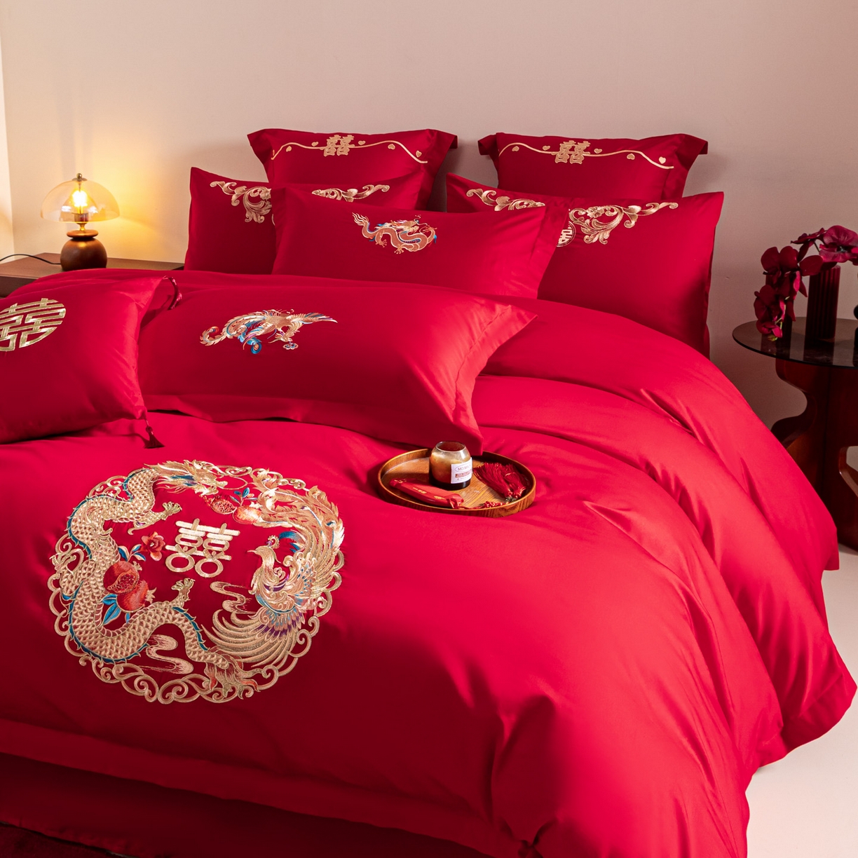 91家纺网 家纺一手货源 找家纺 东方合美（原：皇家传奇） 2026新款纯棉长绒棉刺绣婚庆四件套-龙凤系列 龙凤圆满