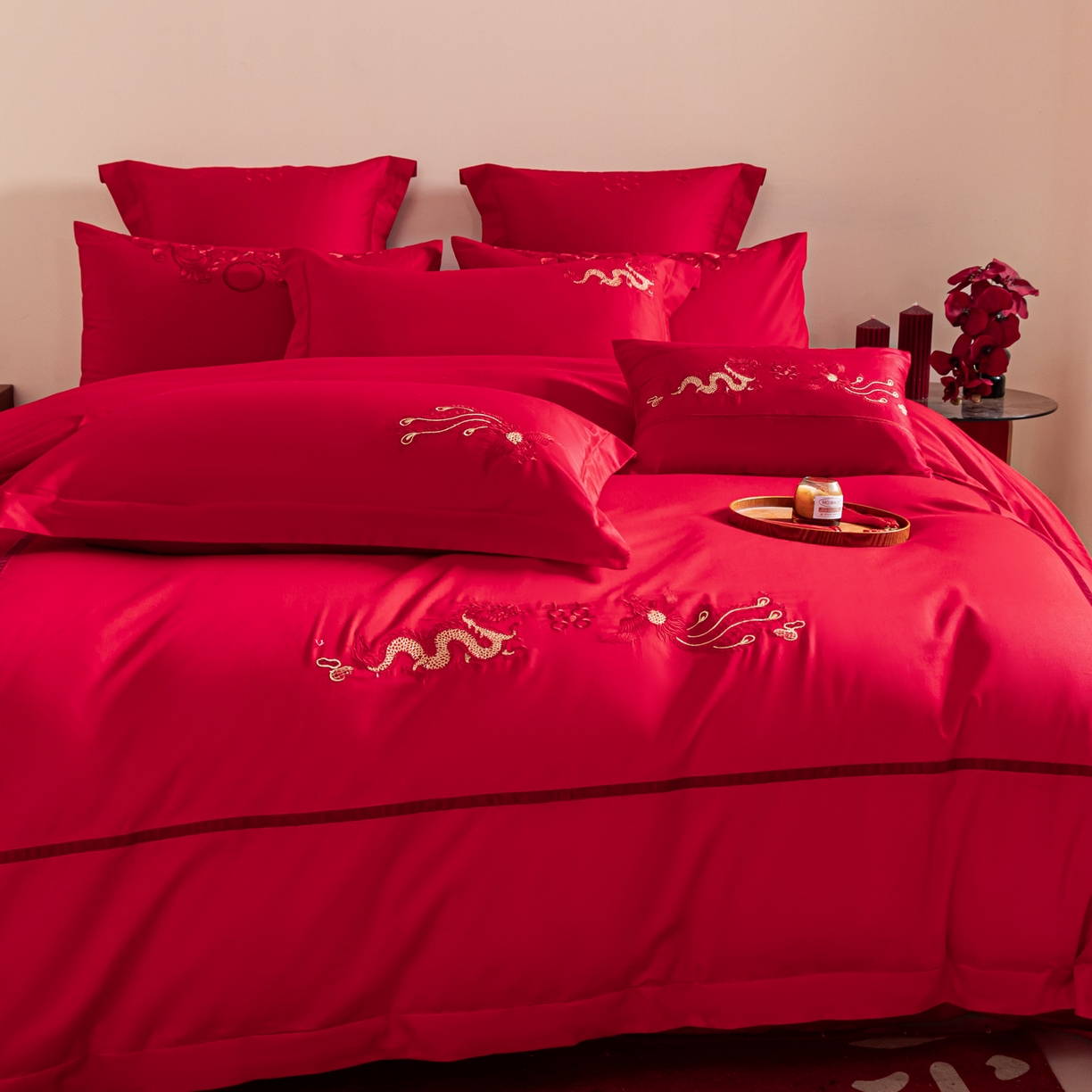 91家纺网 家纺一手货源 找家纺 东方合美（原：皇家传奇） 2026新款纯棉长绒棉刺绣婚庆四件套-龙凤系列 龙凤连理