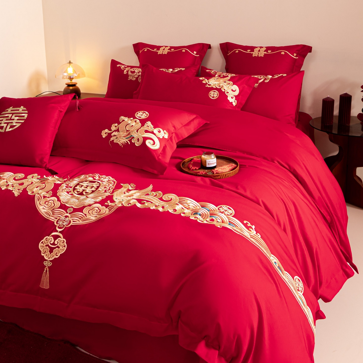 东方合美（原：皇家传奇） 2026新款纯棉长绒棉刺绣婚庆四件套-龙凤系列 金彩龙凤